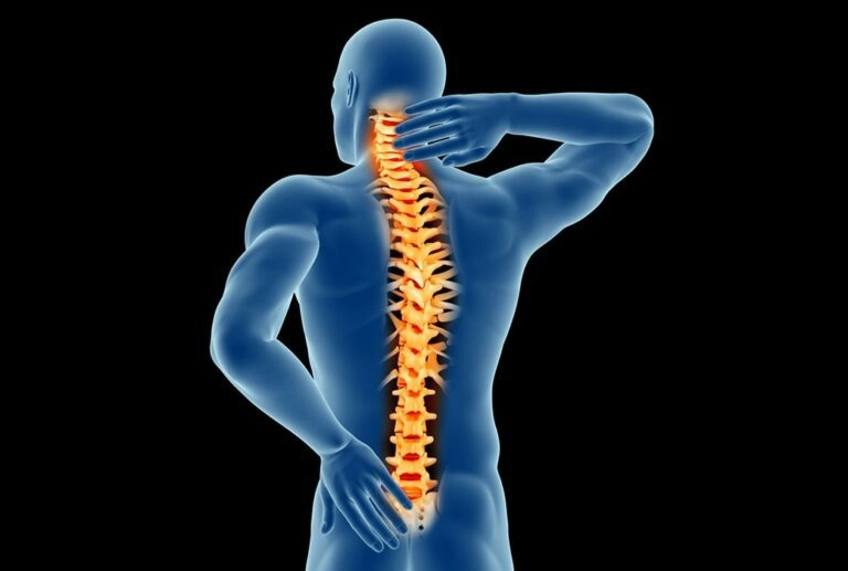 An x-ray style image of a person touching their neck and lower back while the spine is visible.