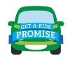 A logo with the label get a ride promise.