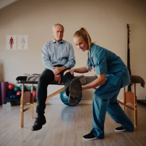 A chiropractor checking an old man's foot movement.