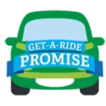 A green car with the label: get a ride promise.