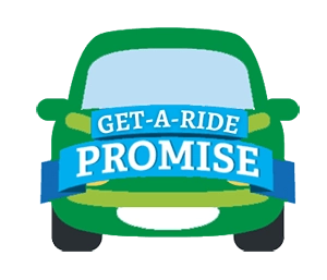 A green car with the label: get a ride promise.