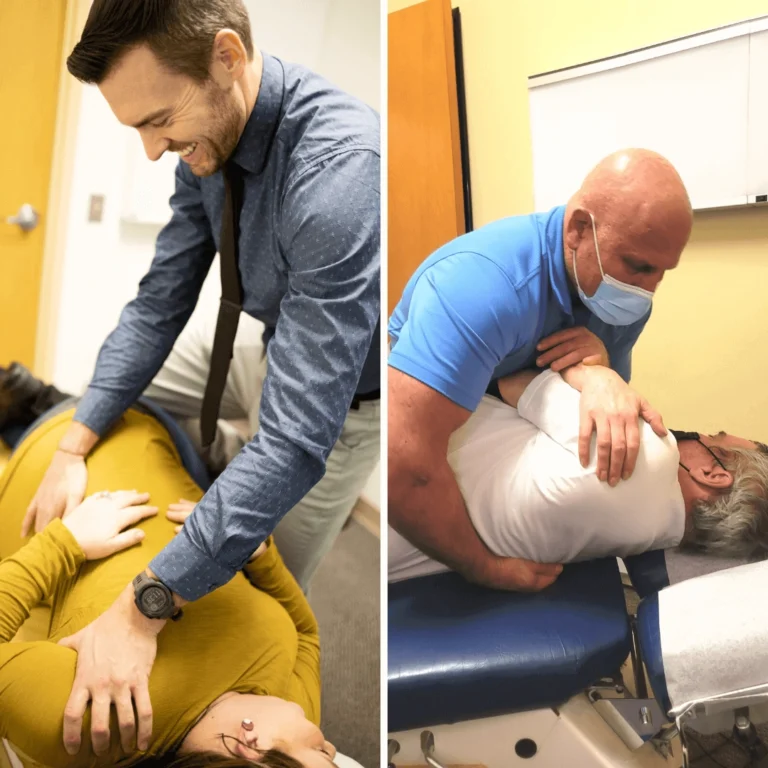 Two images side by side showing experienced chiropractors providing care to their patients.