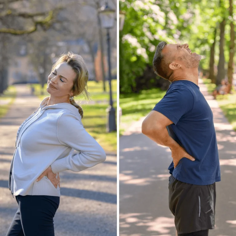 Two images side by side showing a woman and a man having paused their physical exercise to touch their lower back in pain.