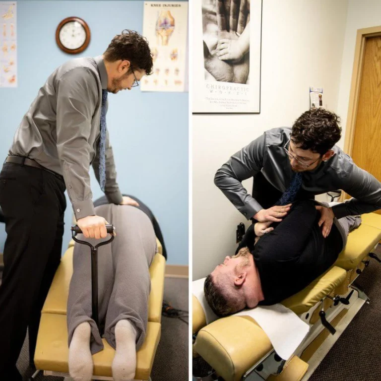 A chiropractor performing adjustments to two different patients in side by side images.
