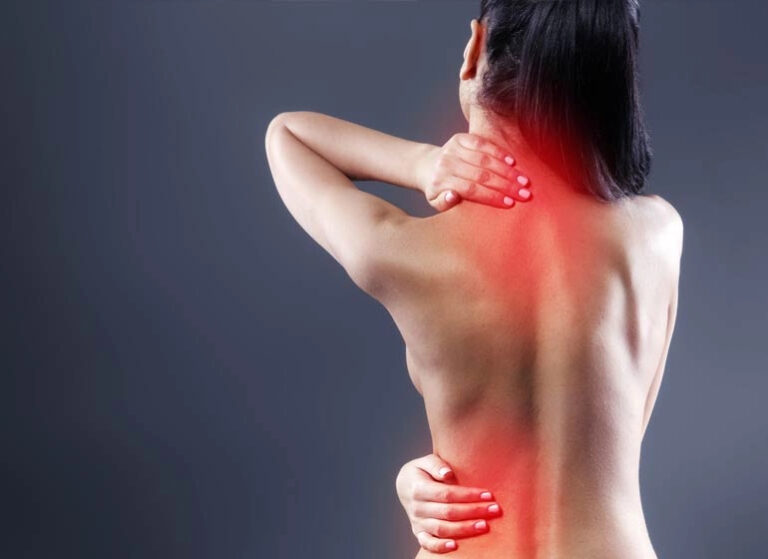 A woman touching her neck and lower back in pain, highlighted with red color.