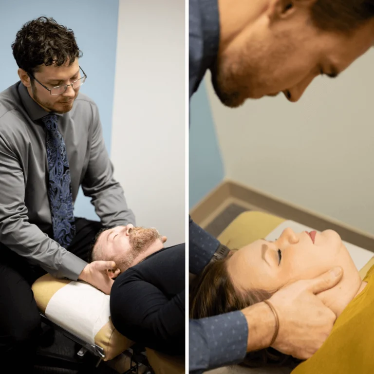 A chiropractor taking care of patients in two photos side by side.