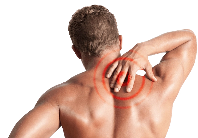 A man touching his upper back and neck in pain.