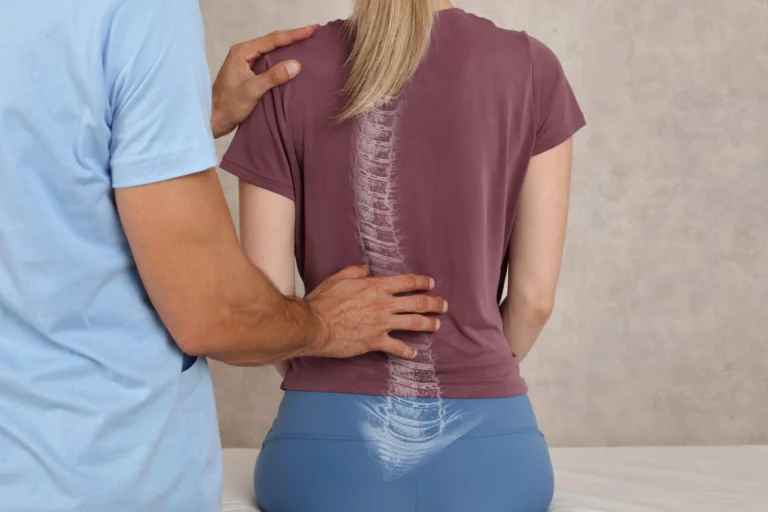 A woman having her back checked by a chiropractor.