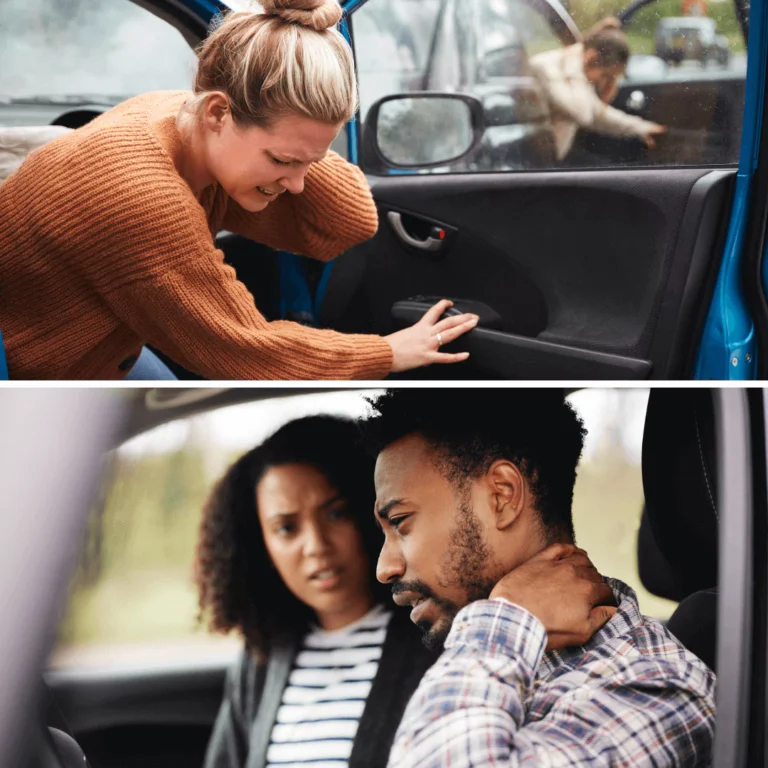 Two images vertically positioned showing people suffering from whiplash symptoms.